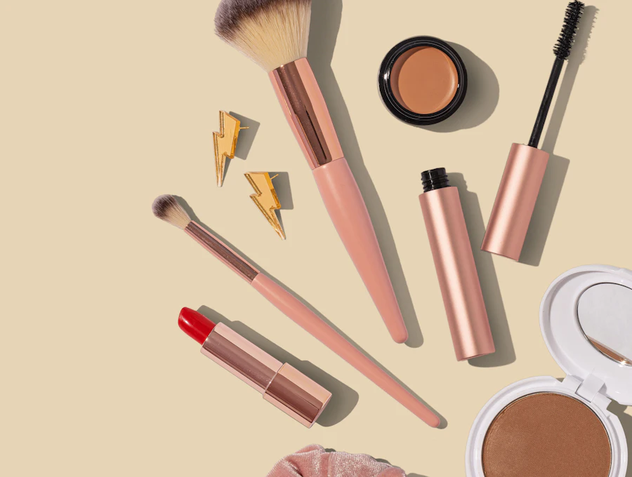 Rose gold makeup brushes and cosmetics